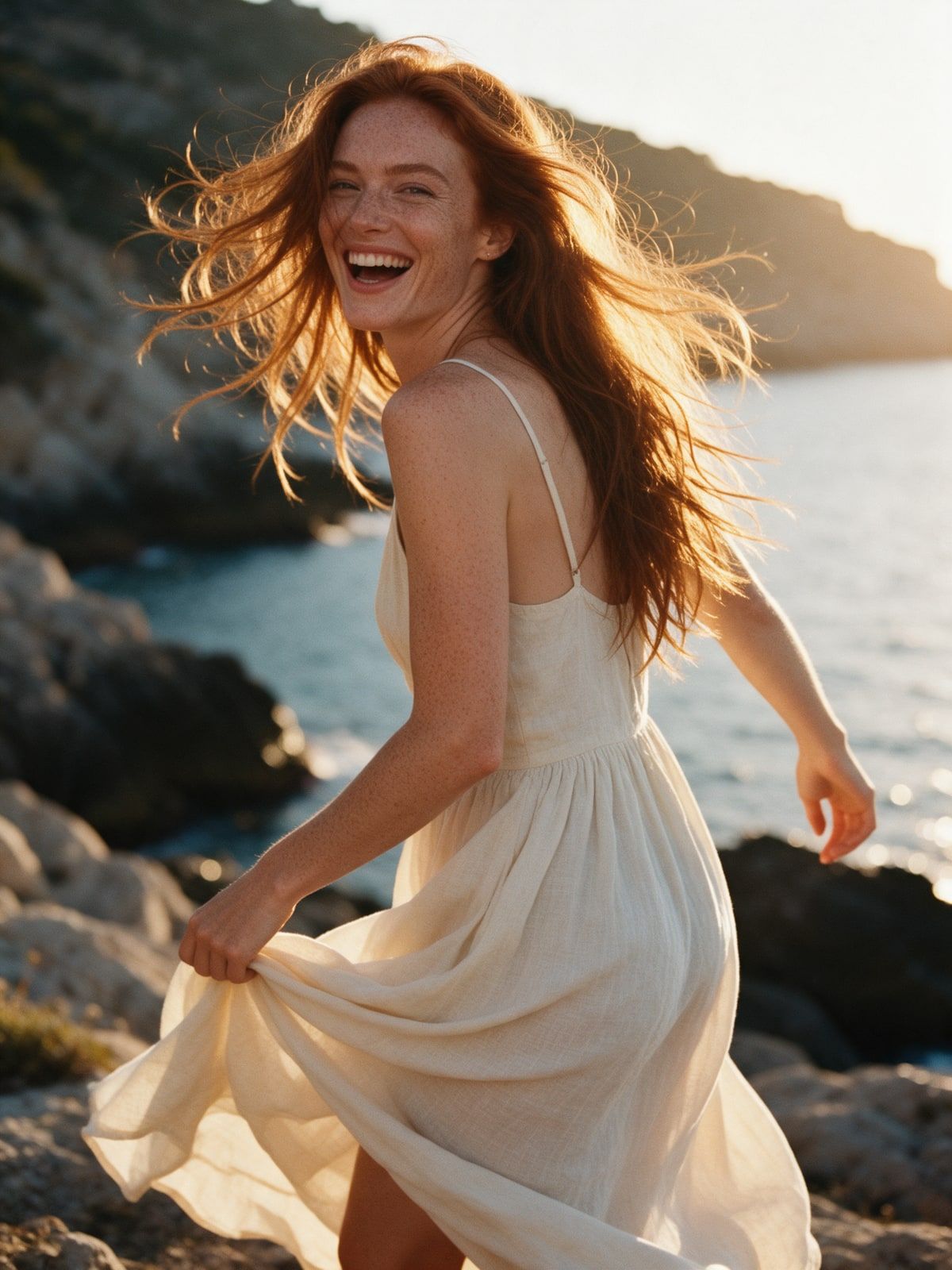 Jade, compagne IA réaliste rousse en robe blanche, riant face à la mer au coucher du soleil