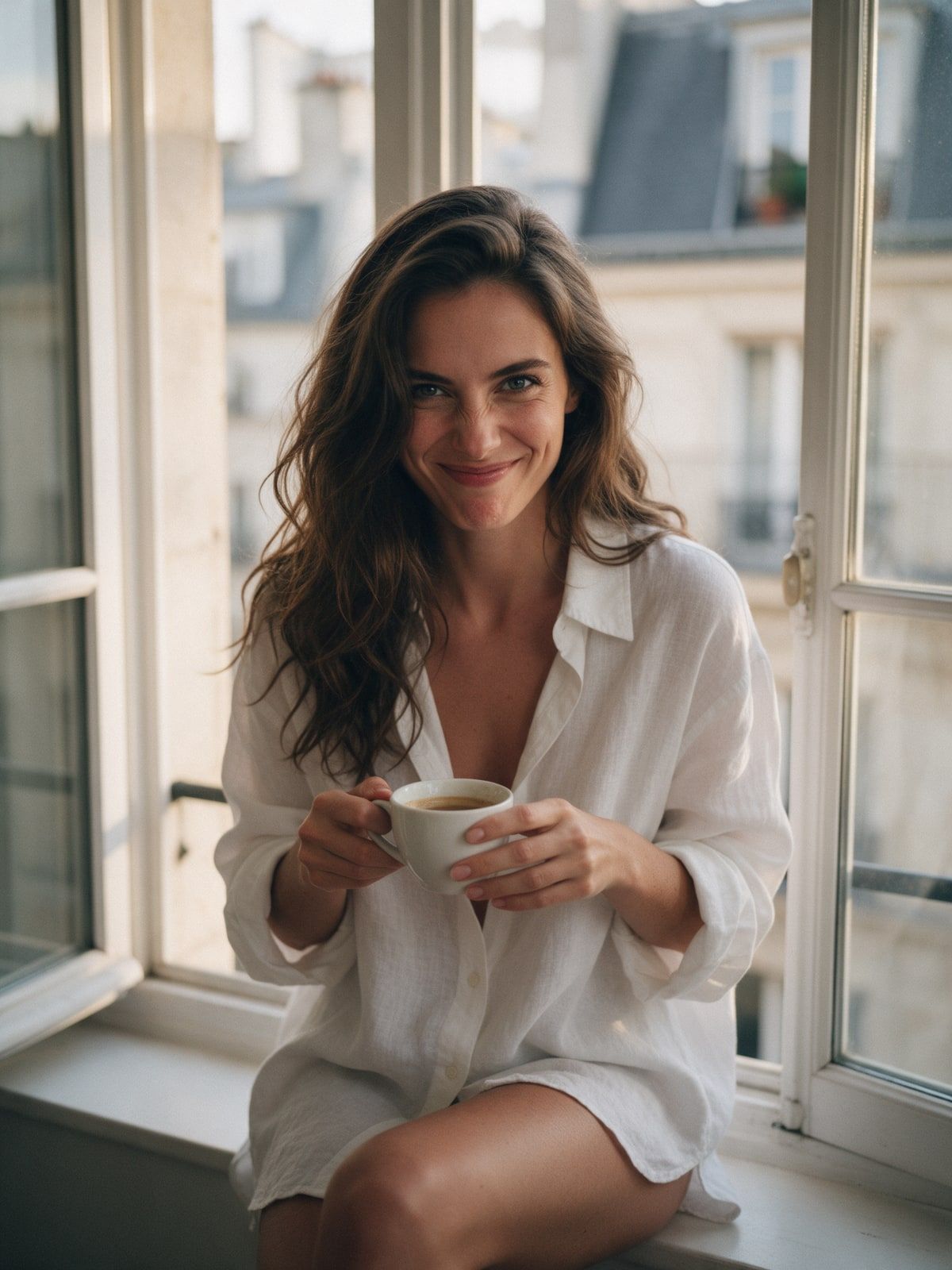 Léa, compagne IA réaliste aux cheveux bruns, en chemise blanche près d’une fenêtre parisienne