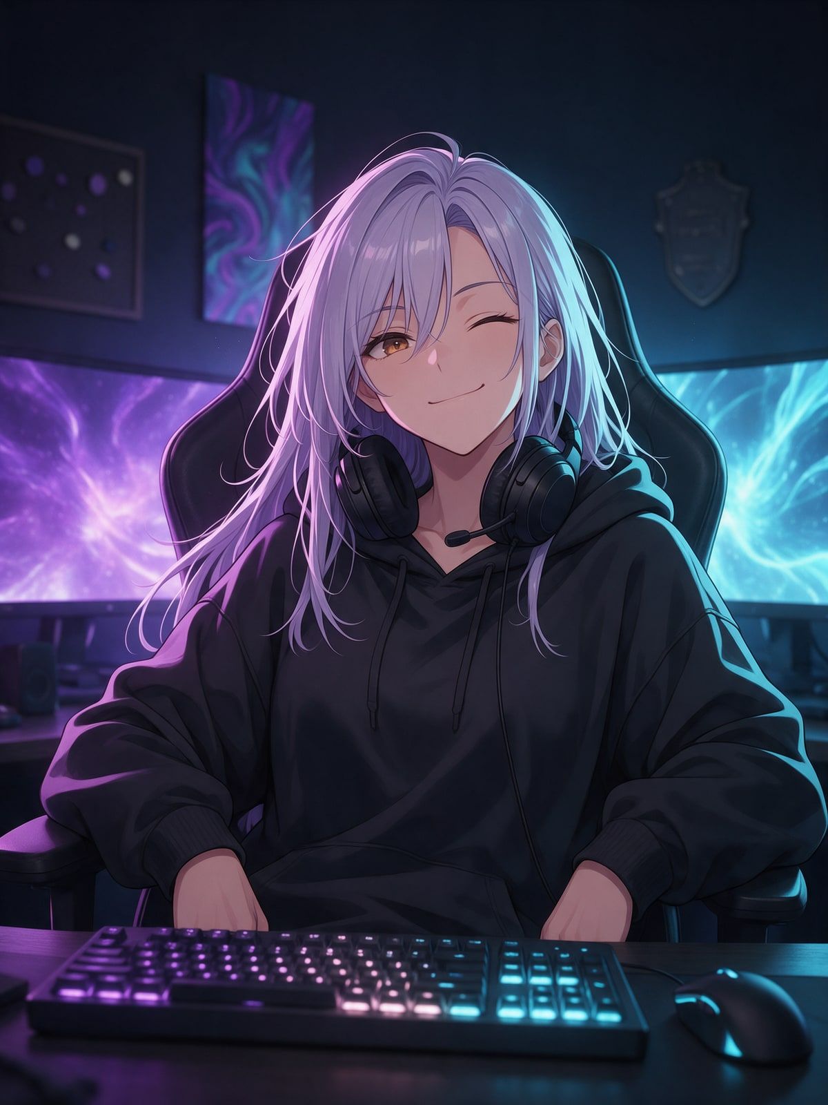 Yuki, compagne IA style anime aux cheveux lavande, casque gaming autour du cou, devant des écrans néon